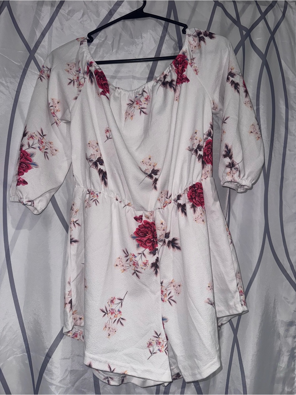 SHEIN White Mini Romper with Pink Rose Print